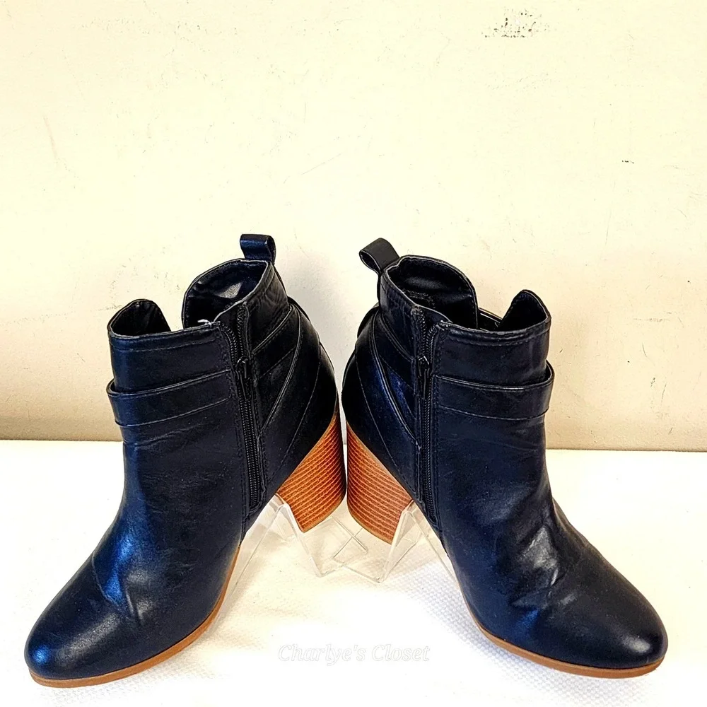Casual Ankle Boots 8 Black Block Heel Buckle Rustic Boho Biker Mountain‎
